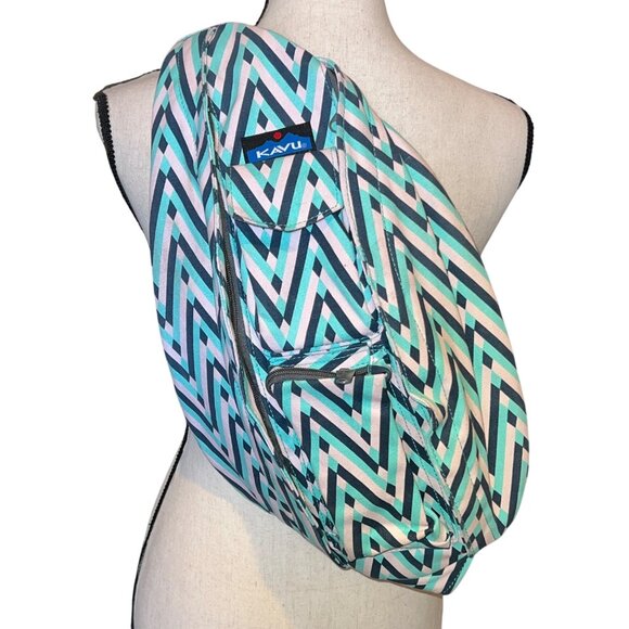 Kavu Rope Bag Sling Backpack Turquoise Blue & White 100% Cotton Adjustable Strap - Picture 1 of 15